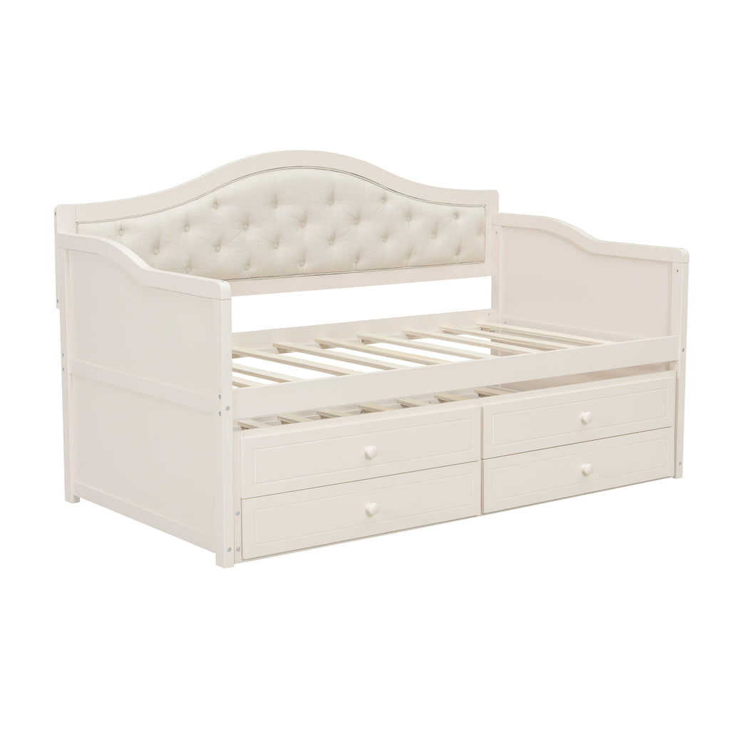 Twin Daybed with Trundle, Twin Size Daybed with 2 Storage Drawers, Wooden Sofa Bed with Upholstered Button Tufted Backrest for Living Room, Bedroom, Guest Room,Beige Daybeds