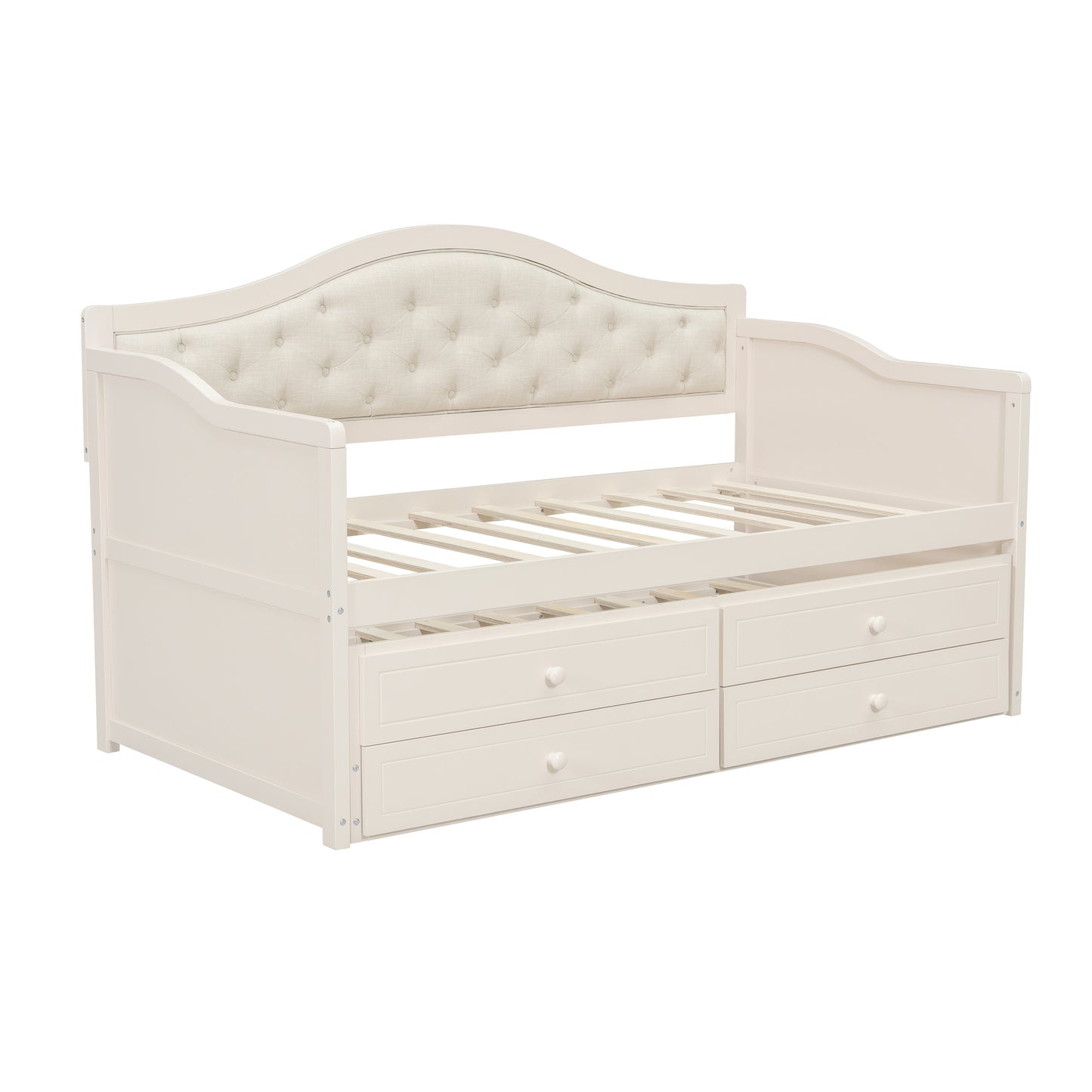 Twin Daybed with Trundle, Twin Size Daybed with 2 Storage Drawers, Wooden Sofa Bed with Upholstered Button Tufted Backrest for Living Room, Bedroom, Guest Room,Beige Daybeds