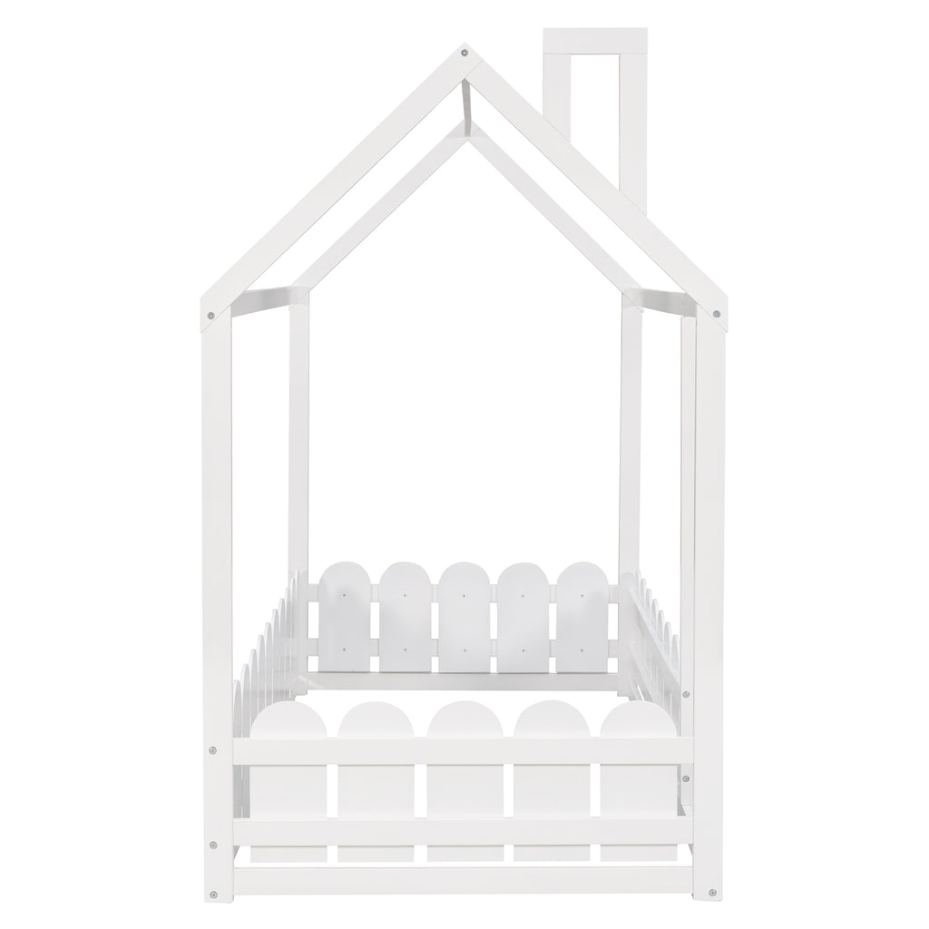 {Slats are not included}Twin Size Wood Bed House Bed Frame with Fence,for Kids,Teens, Girls,Boys {White}{OLD SKU:WF194274AAK}