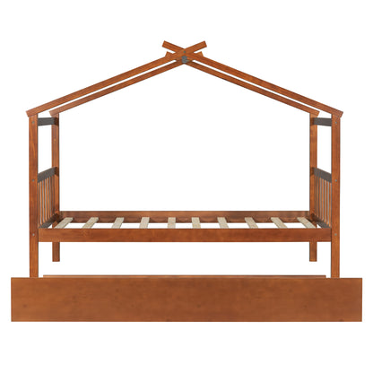 Twin Size Wooden House Bed with Twin Size Trundle, Walnut(OLD SKU: WF300800AAL)
