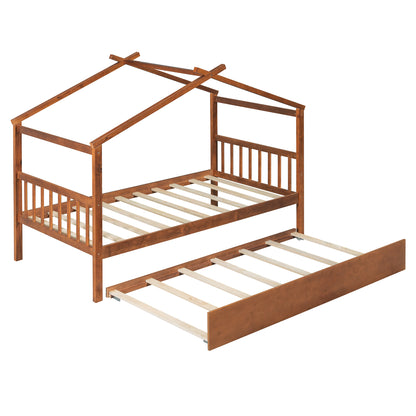 Twin Size Wooden House Bed with Twin Size Trundle, Walnut(OLD SKU: WF300800AAL)