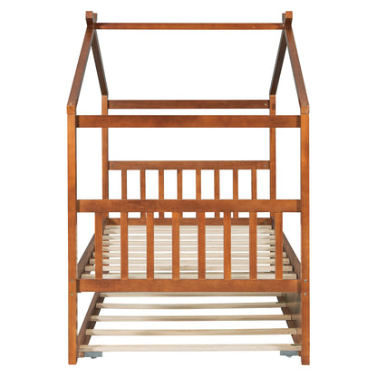 Twin Size Wooden House Bed with Twin Size Trundle, Walnut(OLD SKU: WF300800AAL)