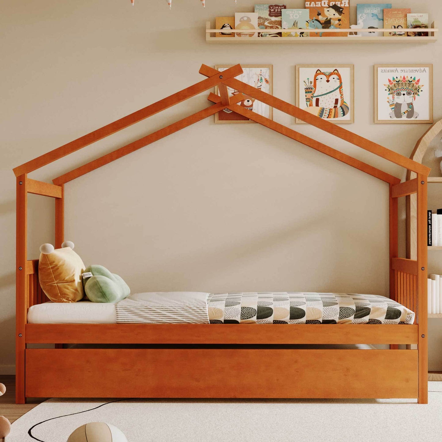 Twin Size Wooden House Bed with Twin Size Trundle, Walnut(OLD SKU: WF300800AAL)
