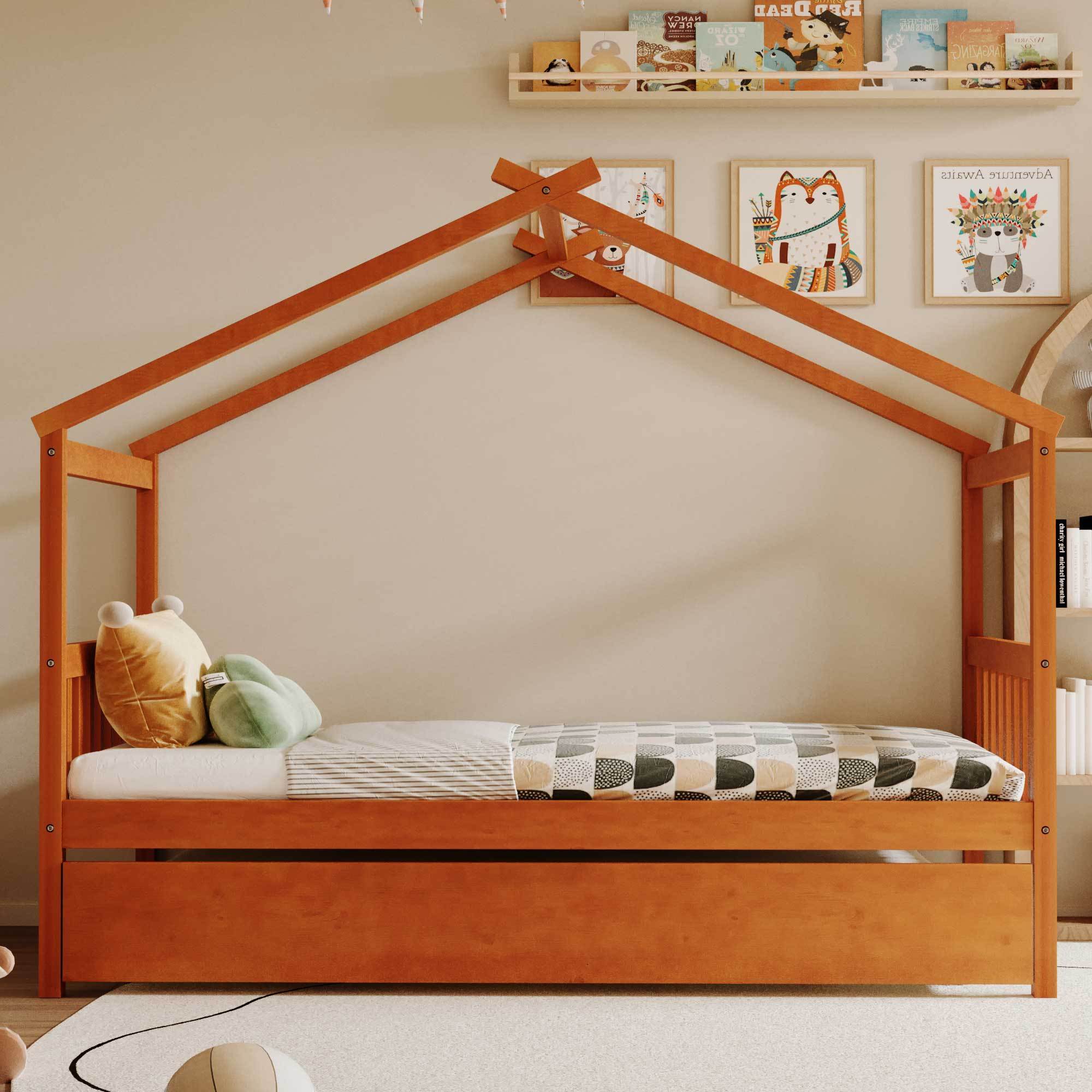 Twin Size Wooden House Bed with Twin Size Trundle, Walnut(OLD SKU: WF300800AAL)