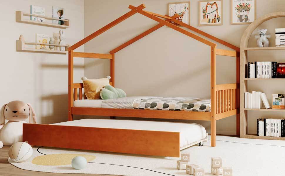 Twin Size Wooden House Bed with Twin Size Trundle, Walnut(OLD SKU: WF300800AAL)
