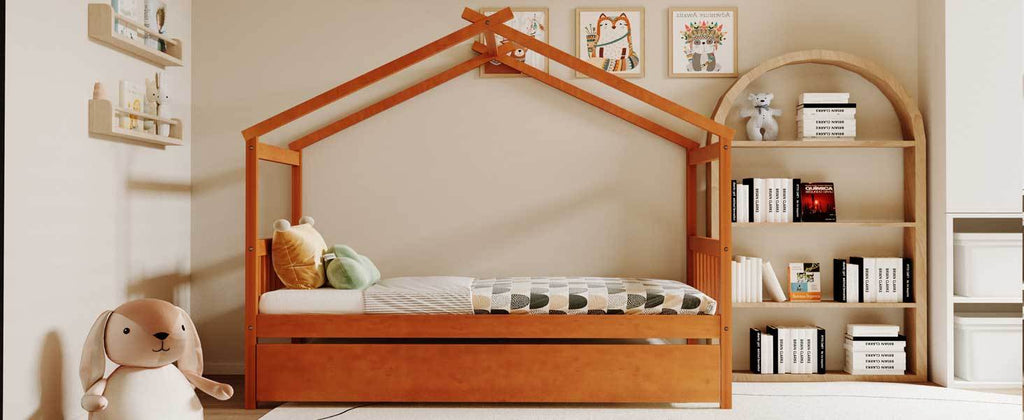 Twin Size Wooden House Bed with Twin Size Trundle, Walnut(OLD SKU: WF300800AAL)