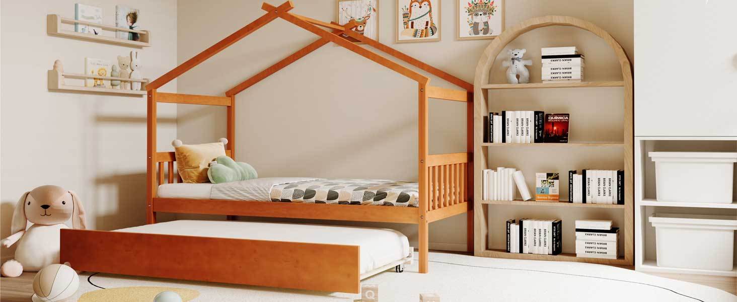 Twin Size Wooden House Bed with Twin Size Trundle, Walnut(OLD SKU: WF300800AAL)