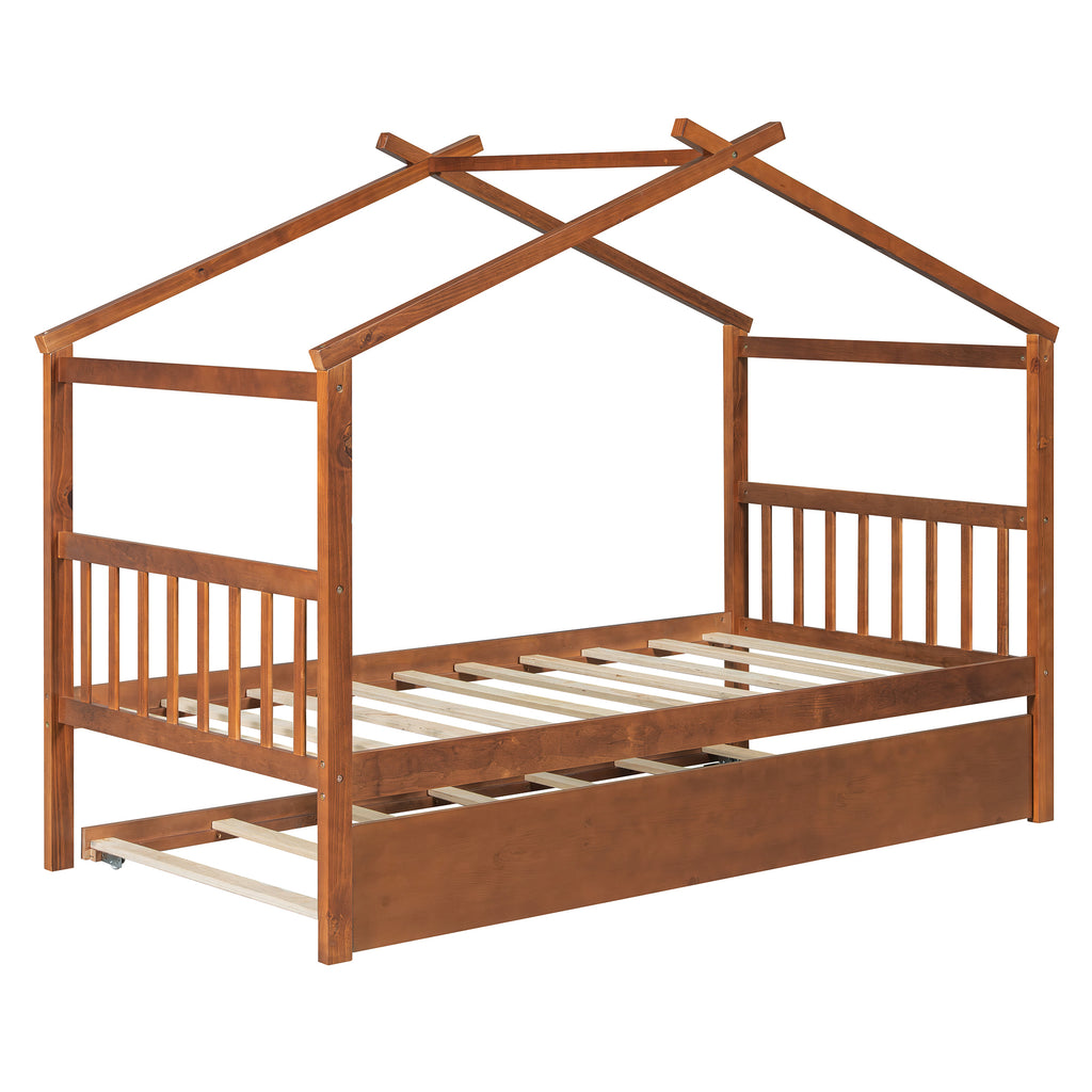 Twin Size Wooden House Bed with Twin Size Trundle, Walnut(OLD SKU: WF300800AAL)