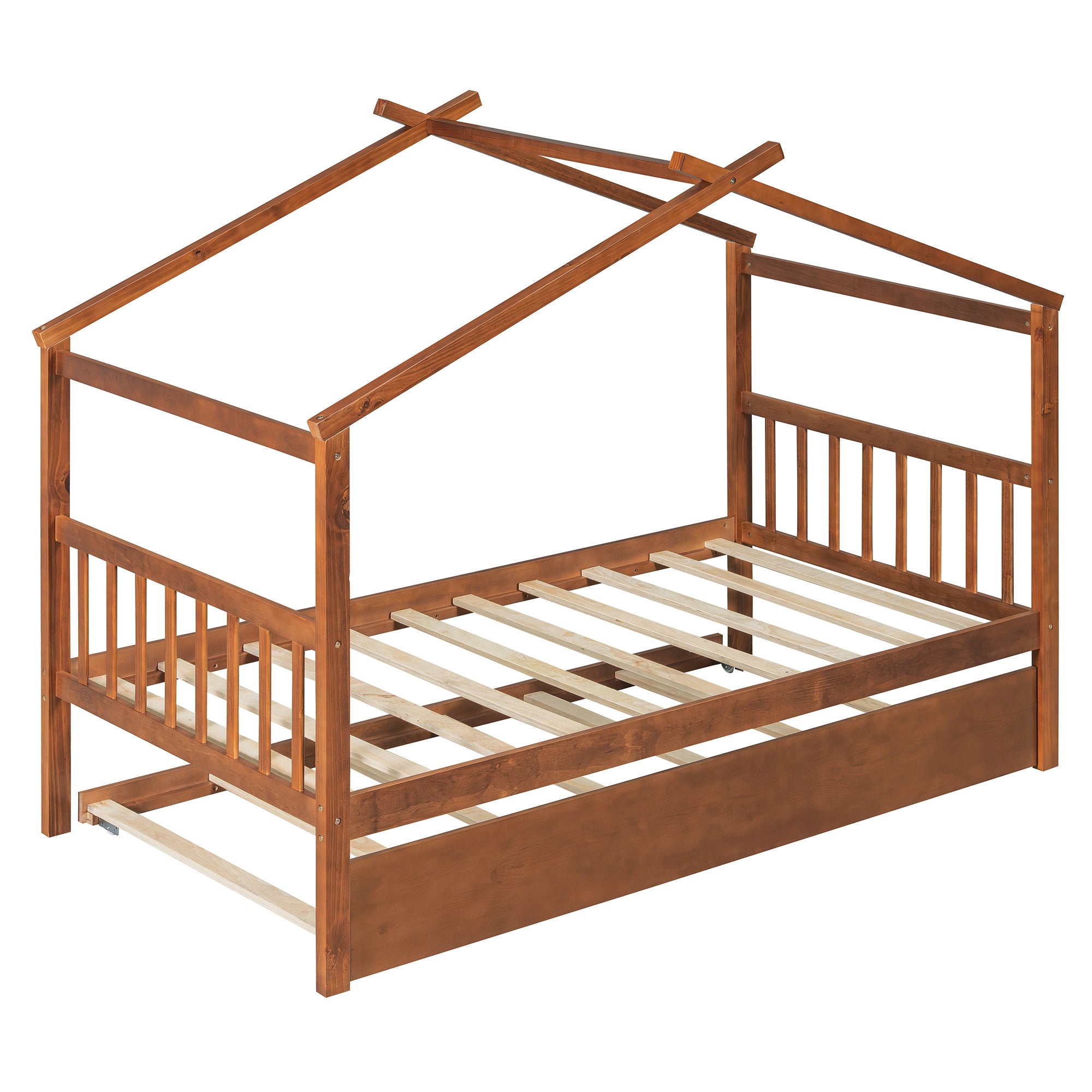 Twin Size Wooden House Bed with Twin Size Trundle, Walnut(OLD SKU: WF300800AAL)