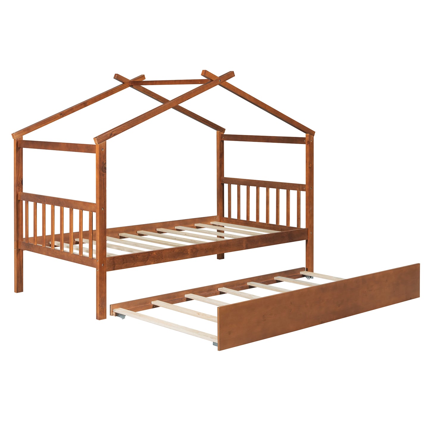 Twin Size Wooden House Bed with Twin Size Trundle, Walnut(OLD SKU: WF300800AAL)