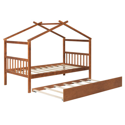Twin Size Wooden House Bed with Twin Size Trundle, Walnut(OLD SKU: WF300800AAL)