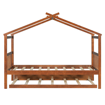 Twin Size Wooden House Bed with Twin Size Trundle, Walnut(OLD SKU: WF300800AAL)