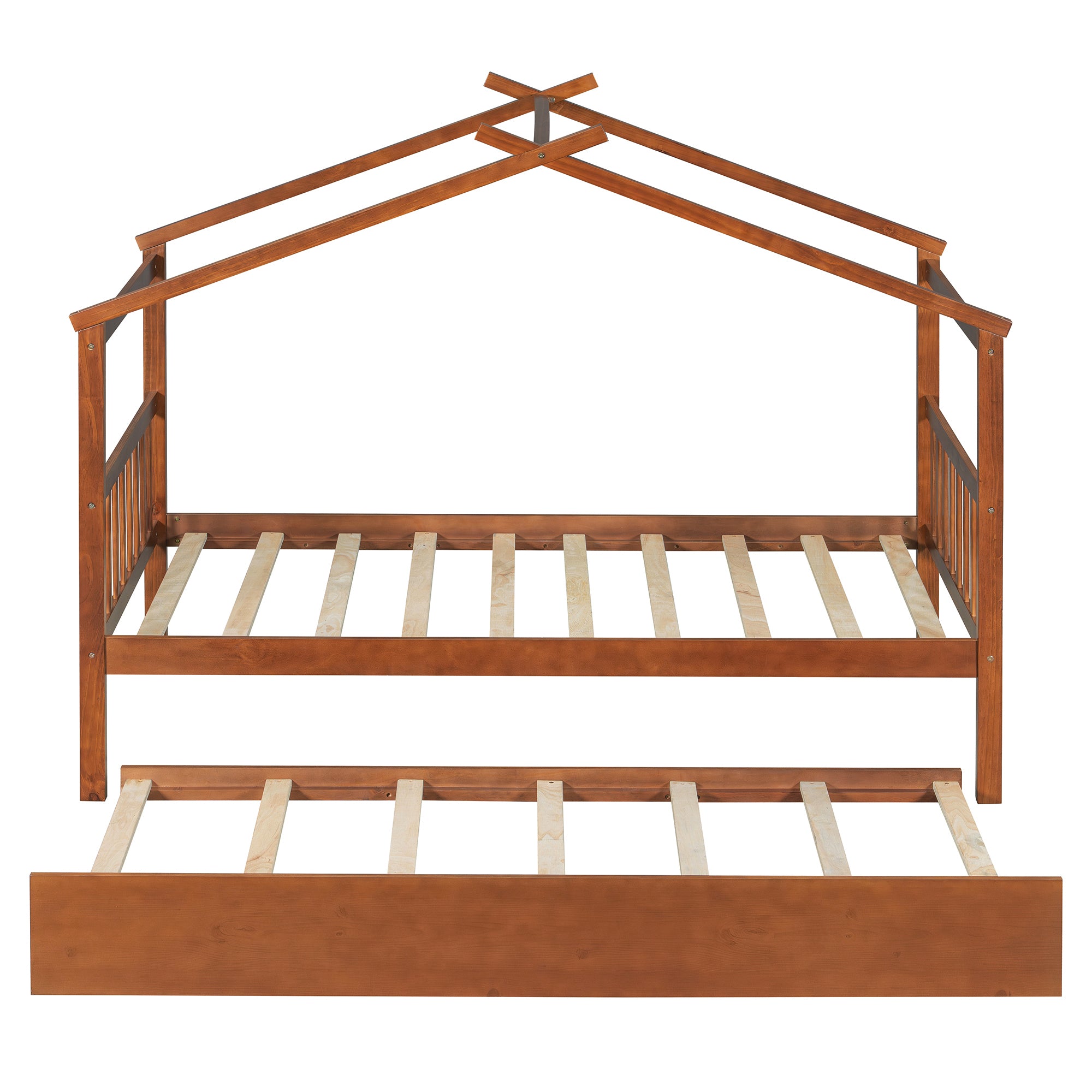 Twin Size Wooden House Bed with Twin Size Trundle, Walnut(OLD SKU: WF300800AAL)