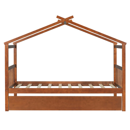 Twin Size Wooden House Bed with Twin Size Trundle, Walnut(OLD SKU: WF300800AAL)