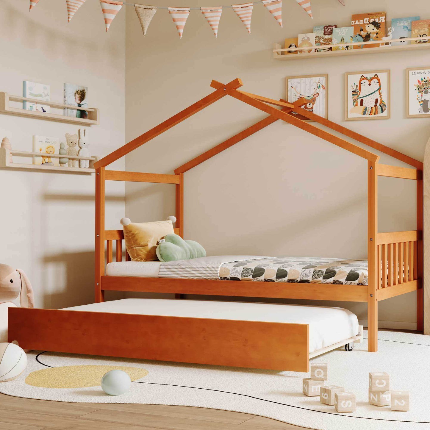 Twin Size Wooden House Bed with Twin Size Trundle, Walnut(OLD SKU: WF300800AAL)