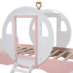 Twin size Princess Carriage Bed with Crown ,Wood Platform Car Bed with Stair,White+Pink (old sku HL000054AAK) Bed Frame