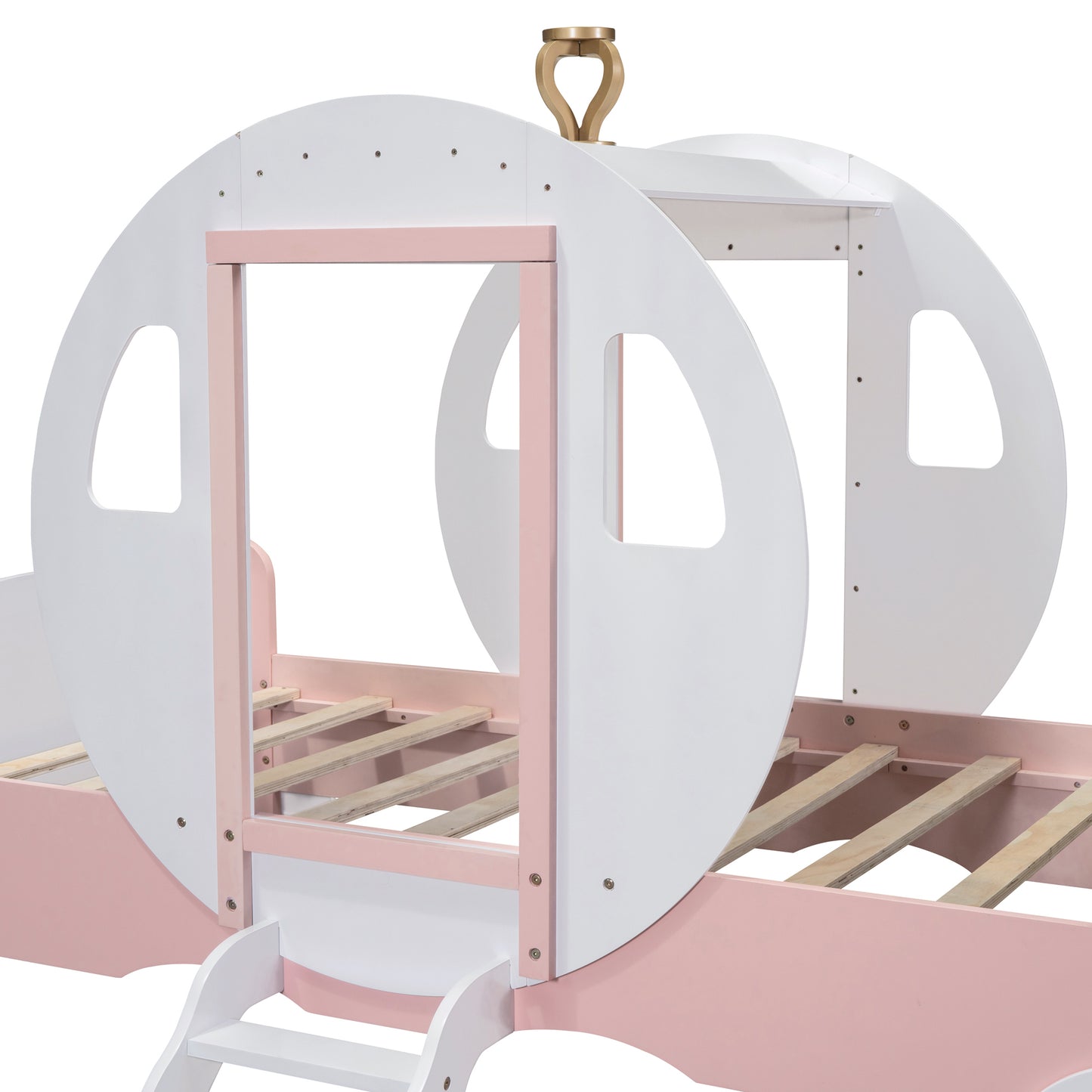 Twin size Princess Carriage Bed with Crown ,Wood Platform Car Bed with Stair,White+Pink (old sku HL000054AAK) Bed Frame