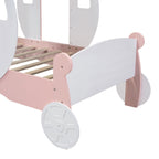 Twin size Princess Carriage Bed with Crown ,Wood Platform Car Bed with Stair,White+Pink (old sku HL000054AAK) Bed Frame