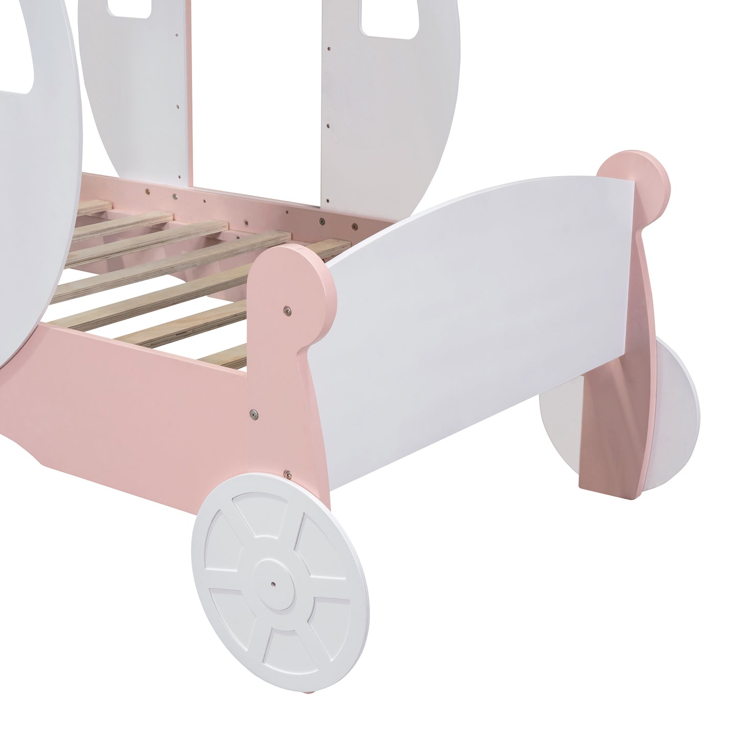 Twin size Princess Carriage Bed with Crown ,Wood Platform Car Bed with Stair,White+Pink (old sku HL000054AAK) Bed Frame