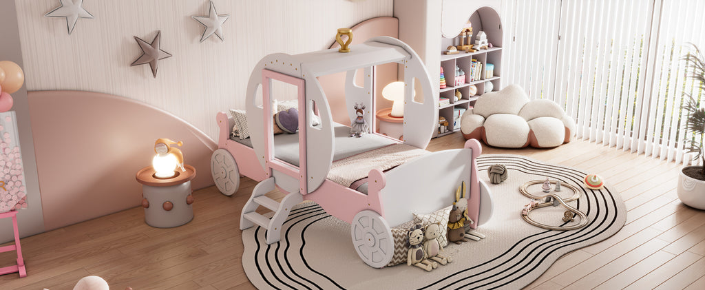 Twin size Princess Carriage Bed with Crown ,Wood Platform Car Bed with Stair,White+Pink (old sku HL000054AAK) Bed Frame