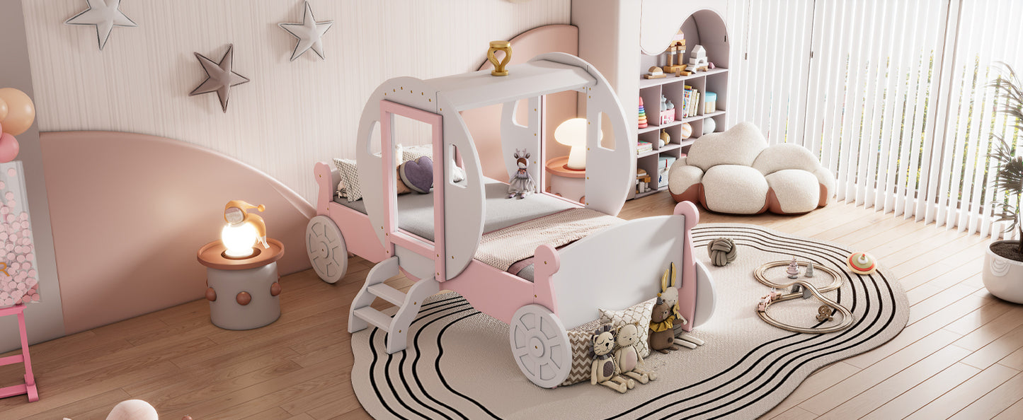 Twin size Princess Carriage Bed with Crown ,Wood Platform Car Bed with Stair,White+Pink (old sku HL000054AAK) Bed Frame