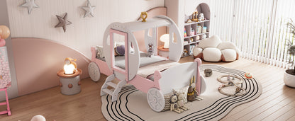 Twin size Princess Carriage Bed with Crown ,Wood Platform Car Bed with Stair,White+Pink (old sku HL000054AAK) Bed Frame