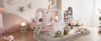 Twin size Princess Carriage Bed with Crown ,Wood Platform Car Bed with Stair,White+Pink (old sku HL000054AAK) Bed Frame