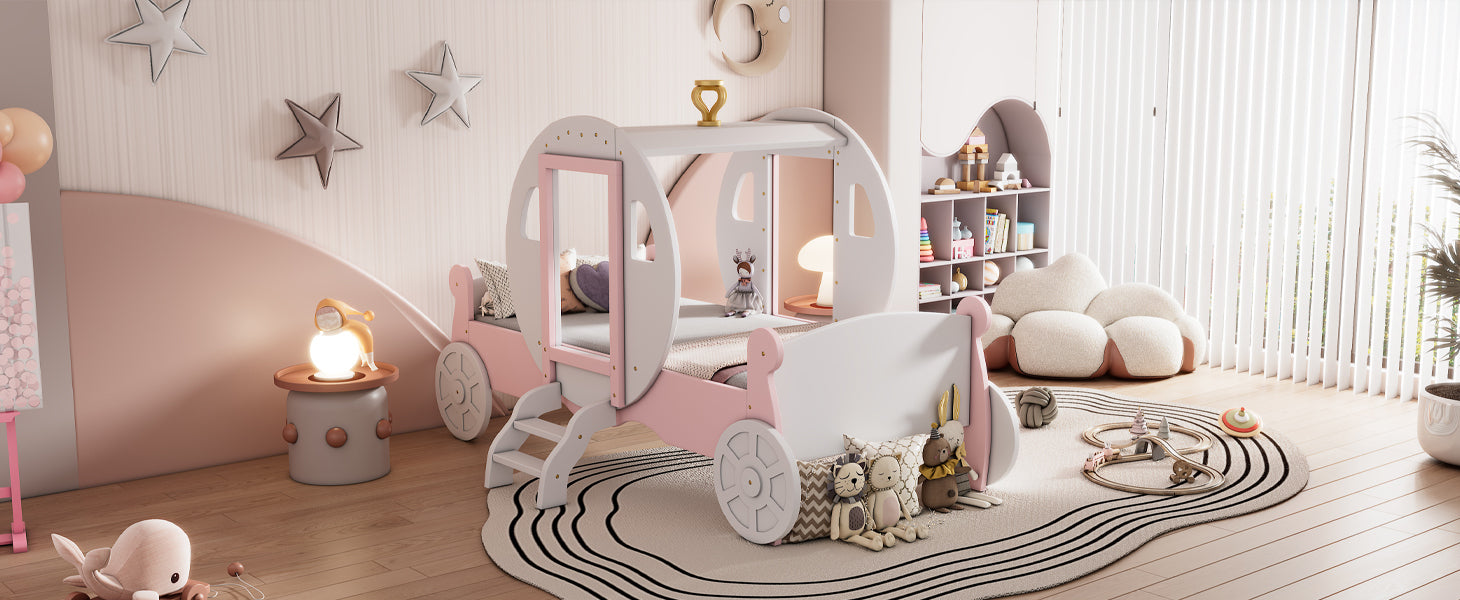 Twin size Princess Carriage Bed with Crown ,Wood Platform Car Bed with Stair,White+Pink (old sku HL000054AAK) Bed Frame