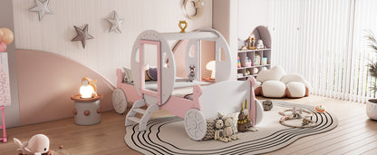 Twin size Princess Carriage Bed with Crown ,Wood Platform Car Bed with Stair,White+Pink (old sku HL000054AAK) Bed Frame