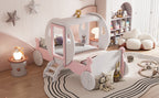 Twin size Princess Carriage Bed with Crown ,Wood Platform Car Bed with Stair,White+Pink (old sku HL000054AAK) Bed Frame