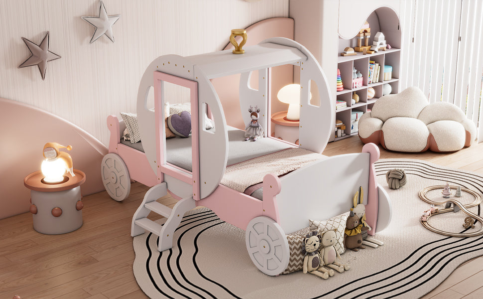 Twin size Princess Carriage Bed with Crown ,Wood Platform Car Bed with Stair,White+Pink (old sku HL000054AAK) Bed Frame