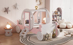 Twin size Princess Carriage Bed with Crown ,Wood Platform Car Bed with Stair,White+Pink (old sku HL000054AAK) Bed Frame