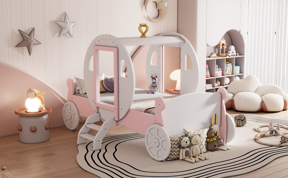 Twin size Princess Carriage Bed with Crown ,Wood Platform Car Bed with Stair,White+Pink (old sku HL000054AAK) Bed Frame