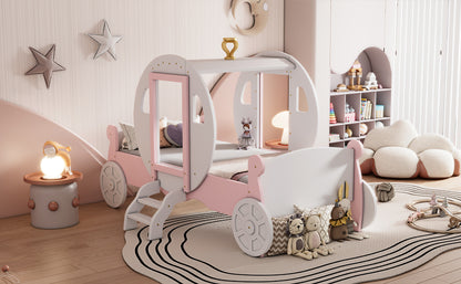 Twin size Princess Carriage Bed with Crown ,Wood Platform Car Bed with Stair,White+Pink (old sku HL000054AAK) Bed Frame