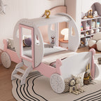 Twin size Princess Carriage Bed with Crown ,Wood Platform Car Bed with Stair,White+Pink (old sku HL000054AAK) Bed Frame