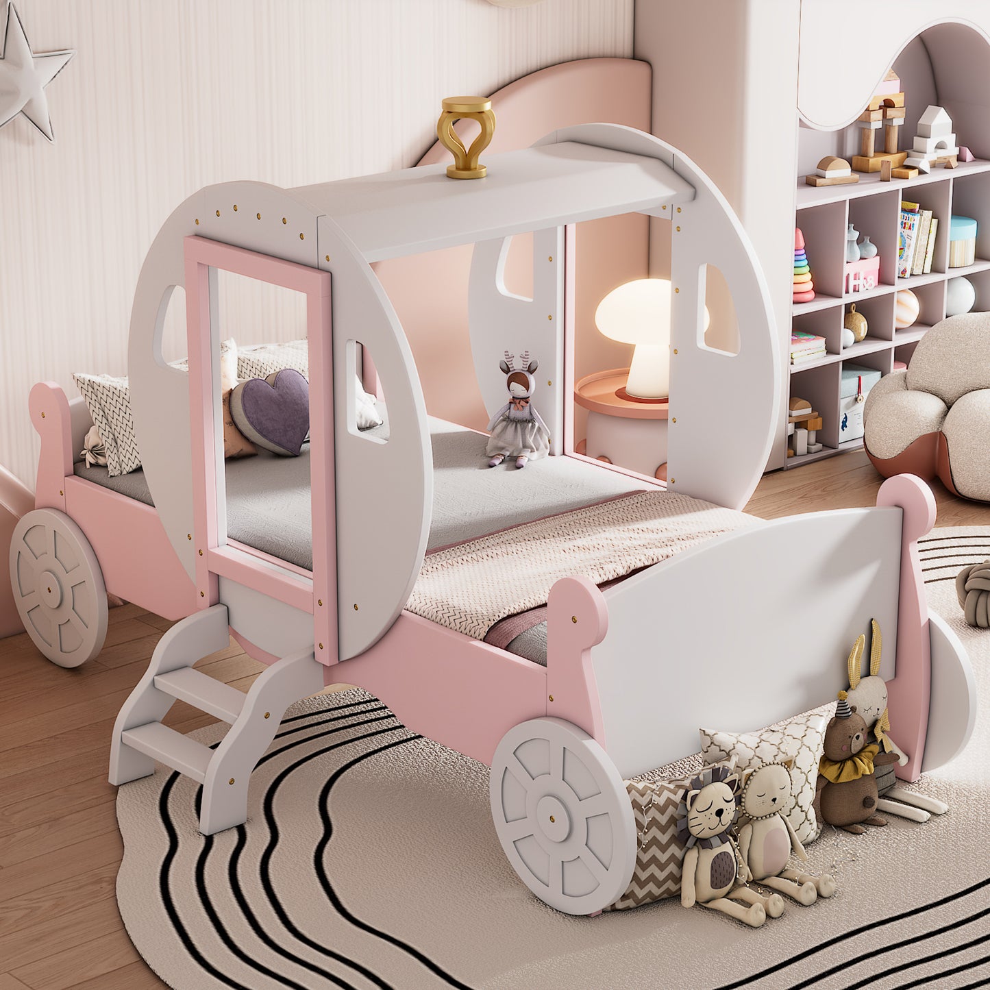 Twin size Princess Carriage Bed with Crown ,Wood Platform Car Bed with Stair,White+Pink (old sku HL000054AAK) Bed Frame