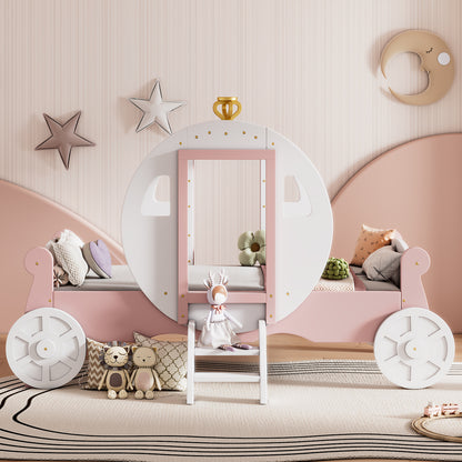 Twin size Princess Carriage Bed with Crown ,Wood Platform Car Bed with Stair,White+Pink (old sku HL000054AAK) Bed Frame