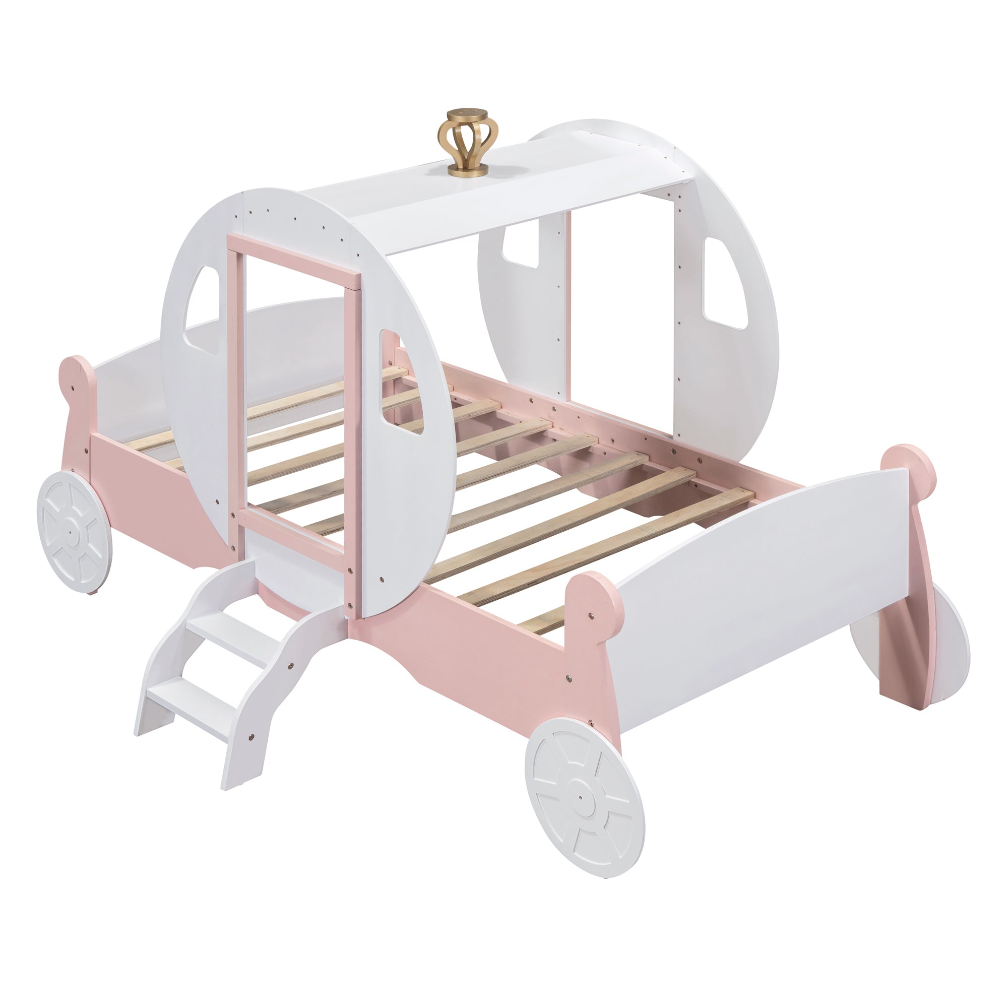 Twin size Princess Carriage Bed with Crown ,Wood Platform Car Bed with Stair,White+Pink (old sku HL000054AAK) Bed Frame