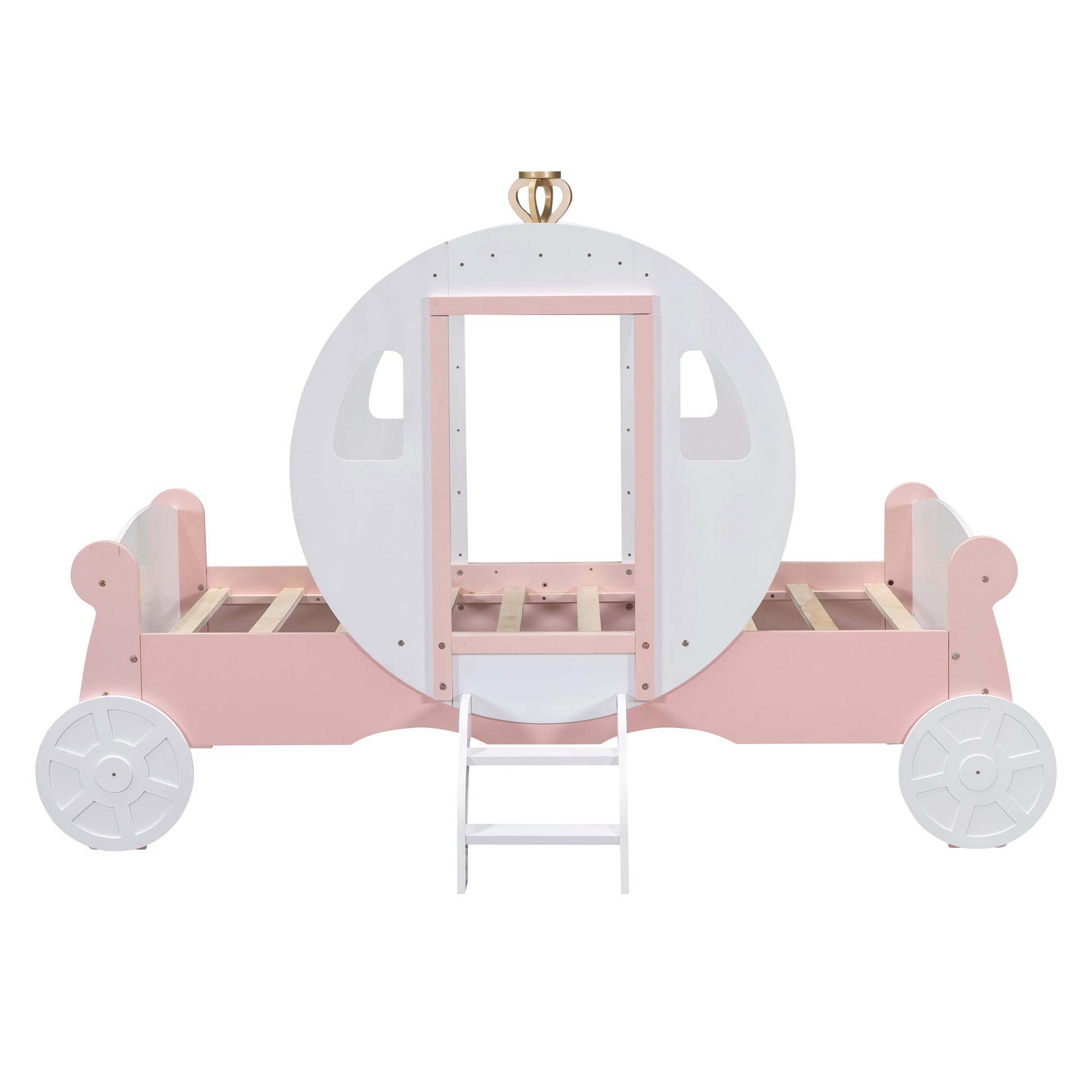 Twin size Princess Carriage Bed with Crown ,Wood Platform Car Bed with Stair,White+Pink (old sku HL000054AAK) Bed Frame