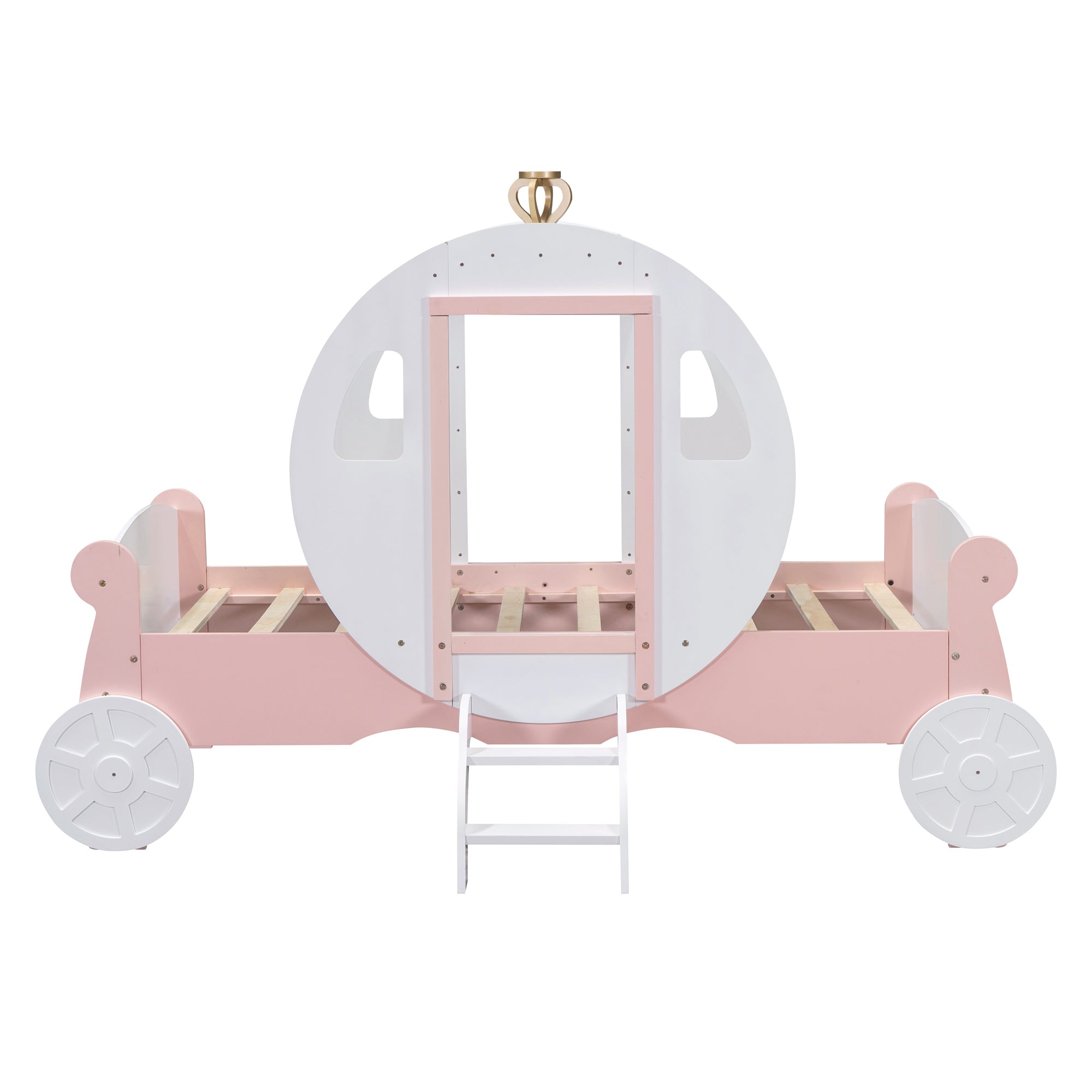 Twin size Princess Carriage Bed with Crown ,Wood Platform Car Bed with Stair,White+Pink (old sku HL000054AAK) Bed Frame