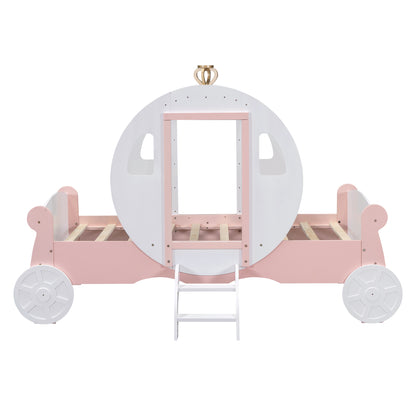 Twin size Princess Carriage Bed with Crown ,Wood Platform Car Bed with Stair,White+Pink (old sku HL000054AAK) Bed Frame