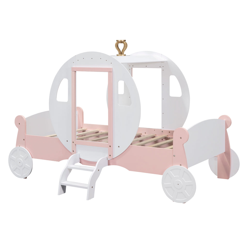 Twin size Princess Carriage Bed with Crown ,Wood Platform Car Bed with Stair,White+Pink (old sku HL000054AAK) Bed Frame