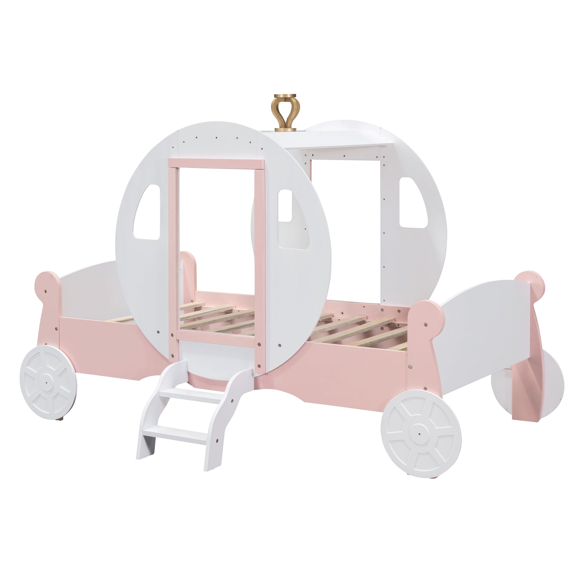 Twin size Princess Carriage Bed with Crown ,Wood Platform Car Bed with Stair,White+Pink (old sku HL000054AAK) Bed Frame