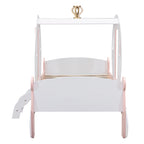 Twin size Princess Carriage Bed with Crown ,Wood Platform Car Bed with Stair,White+Pink (old sku HL000054AAK) Bed Frame