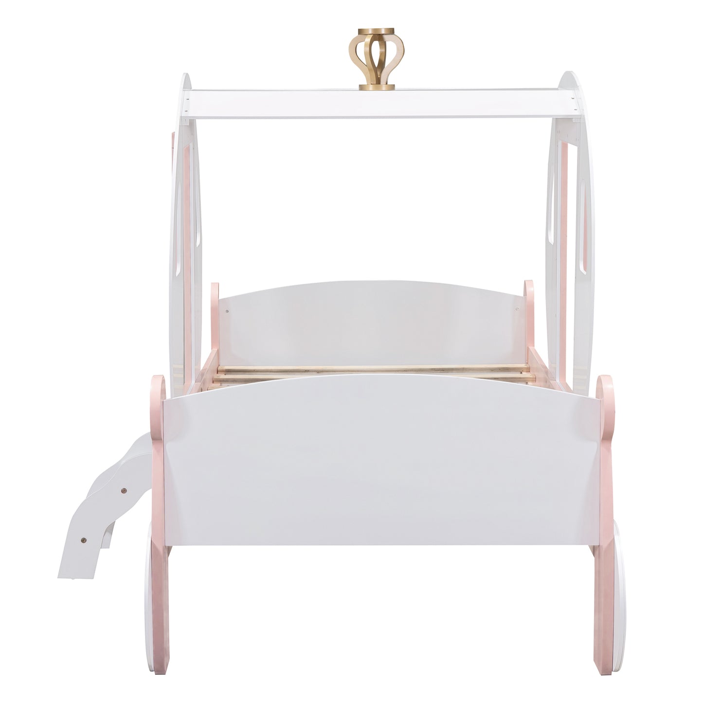 Twin size Princess Carriage Bed with Crown ,Wood Platform Car Bed with Stair,White+Pink (old sku HL000054AAK) Bed Frame