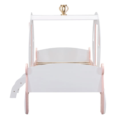 Twin size Princess Carriage Bed with Crown ,Wood Platform Car Bed with Stair,White+Pink (old sku HL000054AAK) Bed Frame