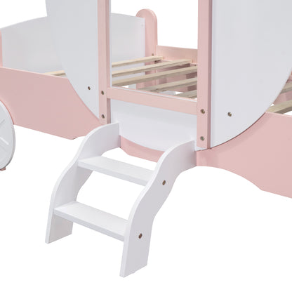 Twin size Princess Carriage Bed with Crown ,Wood Platform Car Bed with Stair,White+Pink (old sku HL000054AAK) Bed Frame