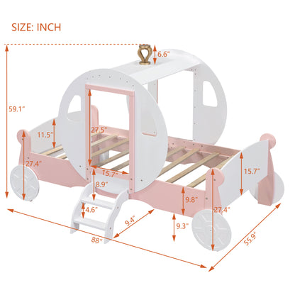 Twin size Princess Carriage Bed with Crown ,Wood Platform Car Bed with Stair,White+Pink (old sku HL000054AAK) Bed Frame