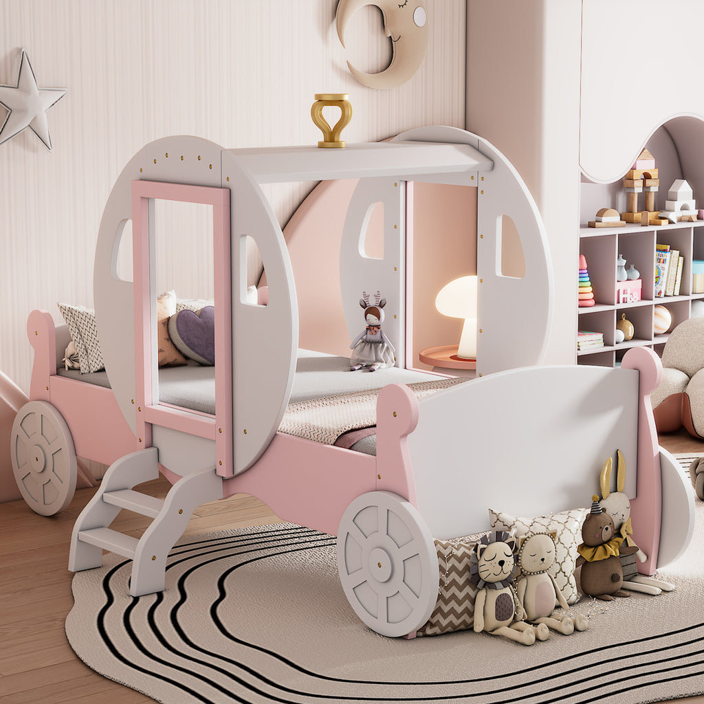 Twin size Princess Carriage Bed with Crown ,Wood Platform Car Bed with Stair,White+Pink (old sku HL000054AAK) Bed Frame