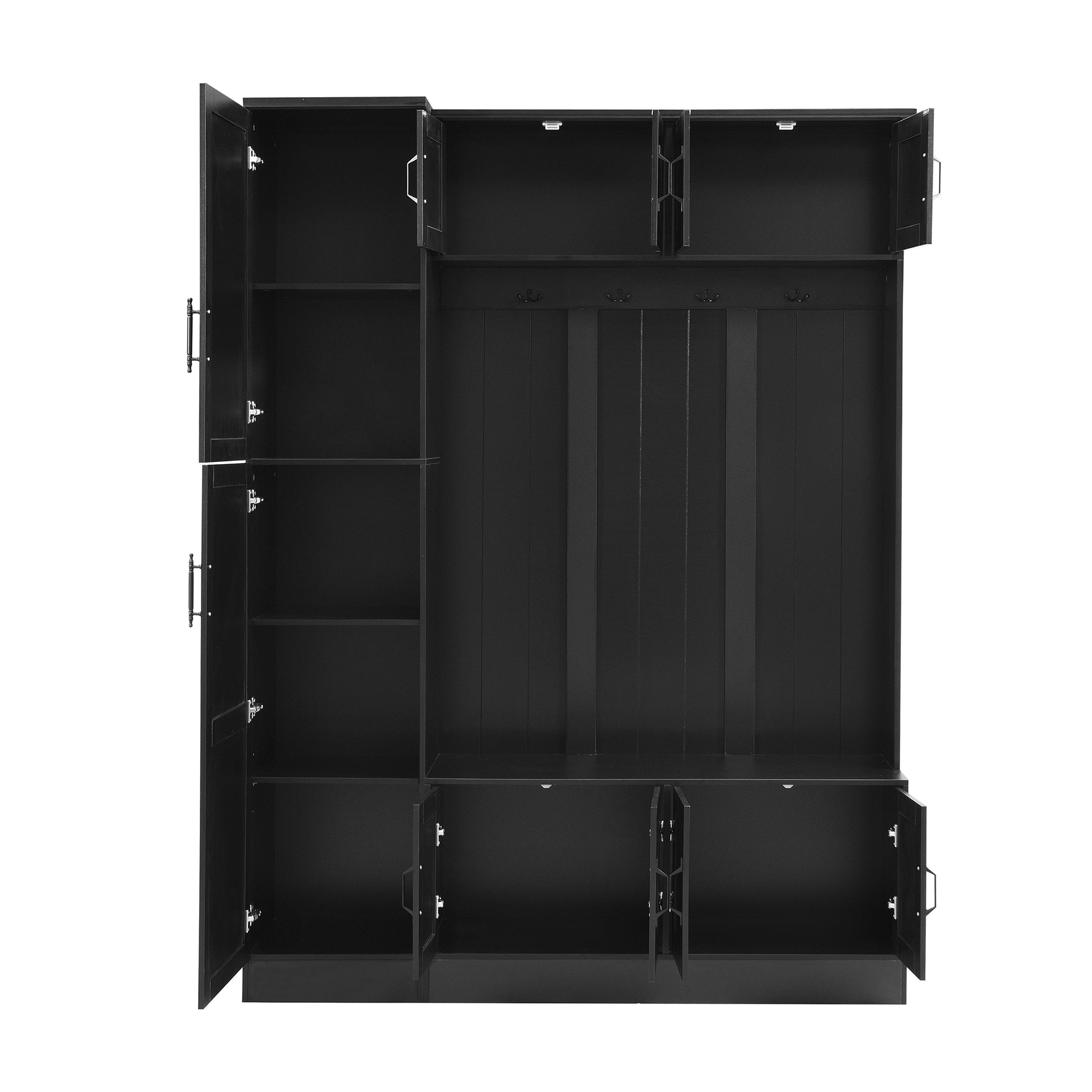 U-Can 79'' Tall Modern Hall Tree with Shoe Storage, 4-in-1 Entryway Bench with 6 Cabinets, 4 Coat Hooks & Adjustable Shelf for Hallway, living room, Black